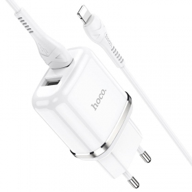 Lādētājs Hoco N4 su dviem USB  jungtimis + Lightning (2.4A) (balts)