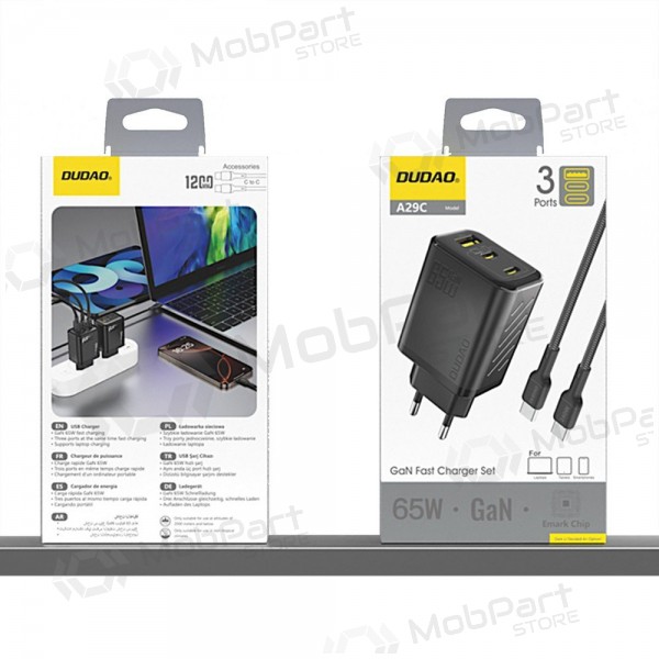 Tālruņa lādētājs Dudao A28PC 45 W GaN 2x USB-C ar USB-C kabeli 1 m melns