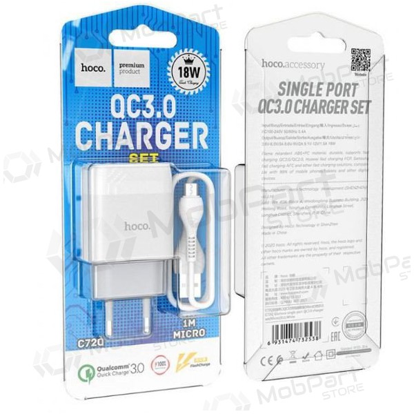 Lādētājs HOCO C72Q Glorious USB + microUSB kabelis (QC3.0) (balts)