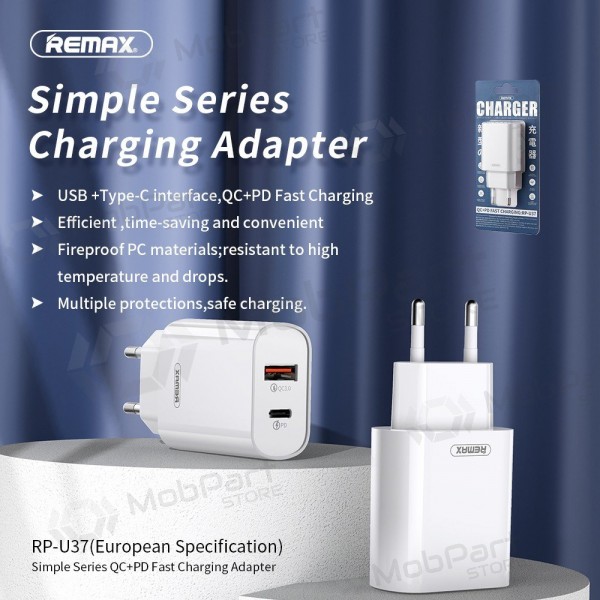 Tālruņa lādētājs Remax RP-U37 20 W USB-C + USB-A balts