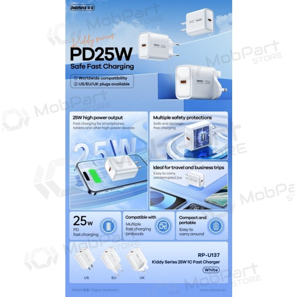Tālruņa lādētājs Remax RP-U137 25 W USB-C balts