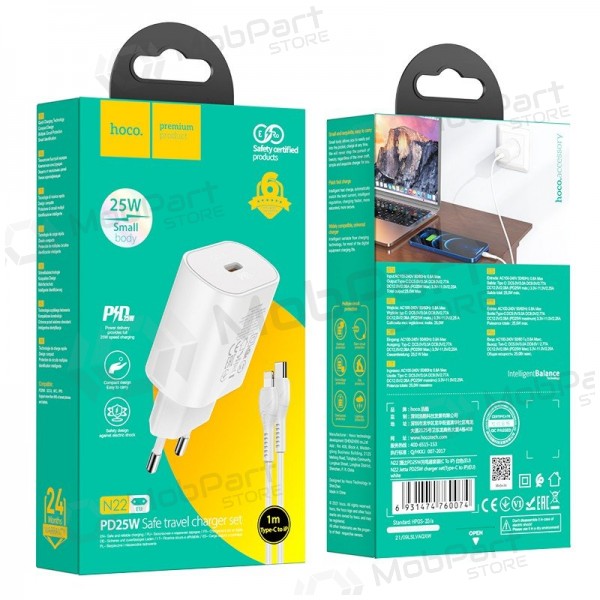 Tālruņa lādētājs Hoco N22 25 W USB-C ar Lightning kabeli 1 m balts