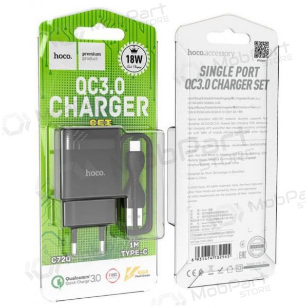 Lādētājs HOCO C72Q Glorious USB + type-C kabelis (QC3.0) (melns)
