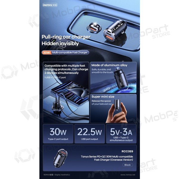 Automašīnas tālruņa lādētājs Remax RCC359 30 W USB-C + USB-A melns