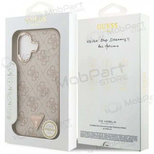 Apple iPhone 17 maciņš - Guess PU Leather 4G Strass Triangle Logo Gold Frame MagSafe (rozā)