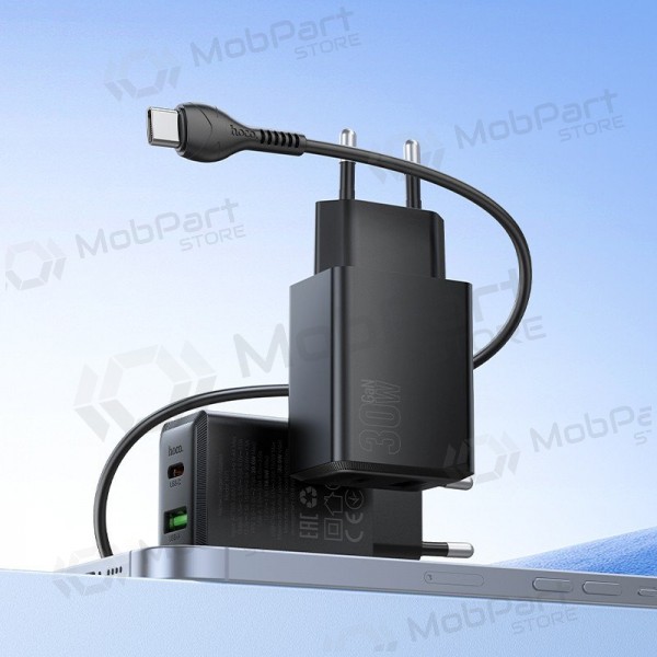 Tālruņa lādētājs Hoco N71 30 W GaN USB-C + USB-A ar USB-C kabeli 1 m melns