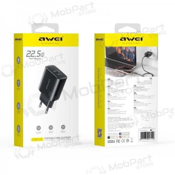 Tālruņa lādētājs Awei PD85T-EU 22.5 W USB-C + USB-A ar USB-C vadu 1 m melns