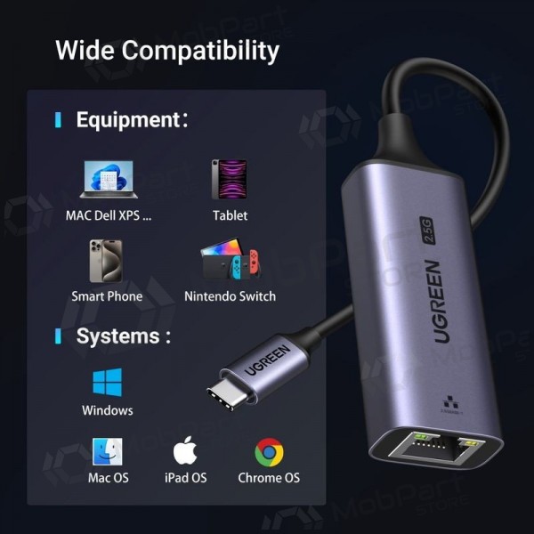 USB-C adapteris Ugreen CM648 USB-C uz RJ45 pelēks