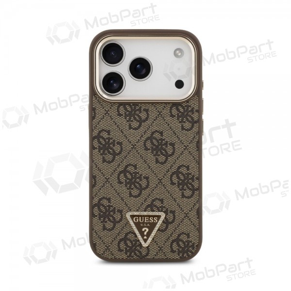 Apple iPhone 18 Pro maciņš - Guess PU Leather 4G Strass Triangle Logo Gold Frame MagSafe (brūns)