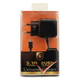 Lādētājs F13c FastCharging x 2 USB (3.1A) + microUSB (melns)