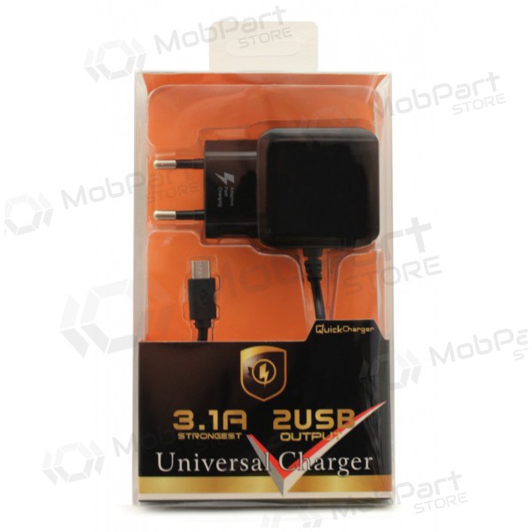 Lādētājs F13c FastCharging x 2 USB (3.1A) + microUSB (melns)