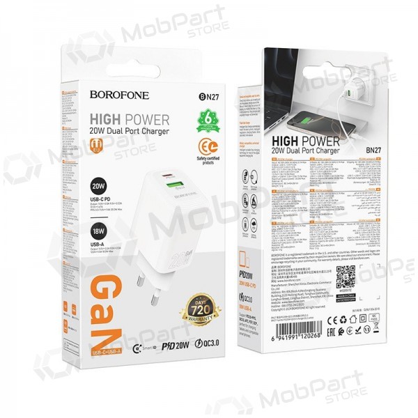 Lādētājs Borofone BN27 20W USB-C/USB-A balts