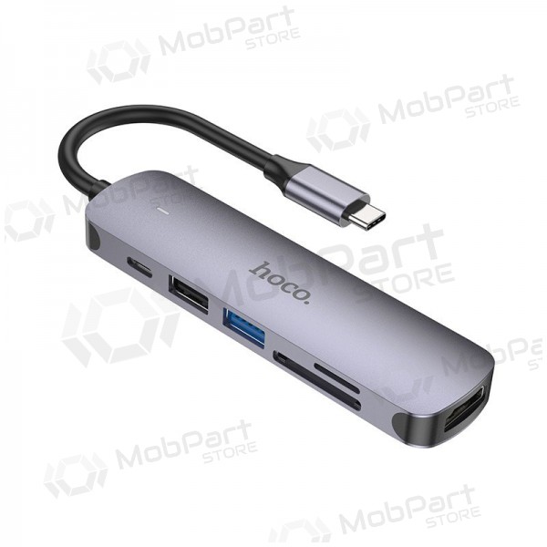 USB-C adapteris Hoco HB28 USB-C uz HDMI + USB 3.0 + USB 2.0 + SD + TF + PD pelēks