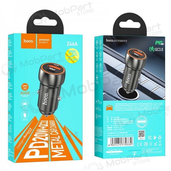 Lādētājs automobilinis Hoco Z46A USB-A/Type-C PD20W+QC3.0 pelēks