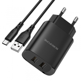 Lādētājs Borofone BN2 2xUSB 2.1A + USB Type-C (melns)