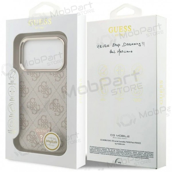Apple iPhone 17 Pro maciņš - Guess PU Leather 4G Strass Triangle Logo Gold Frame MagSafe (rozā)