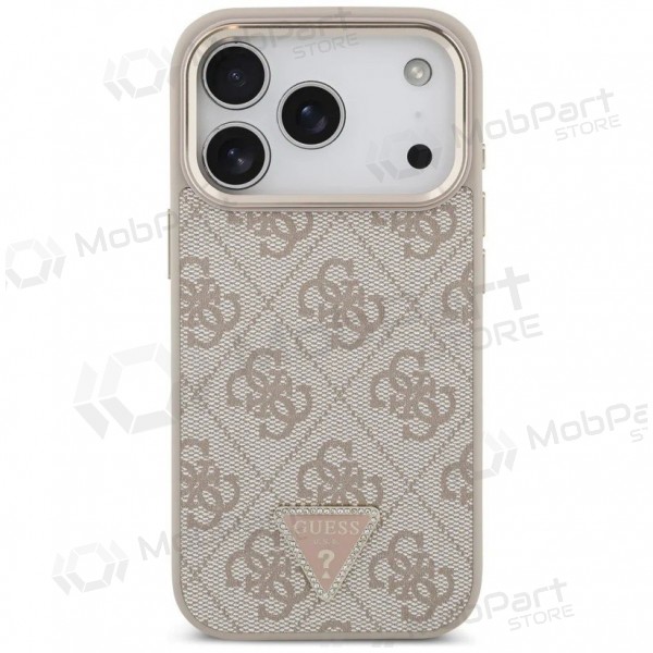 Apple iPhone 17 Pro Max maciņš - Guess PU Leather 4G Strass Triangle Logo Gold Frame MagSafe (rozā)