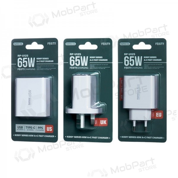 Lādētājs Remax RP-U125 65W GaN USB-C/USB-A balts