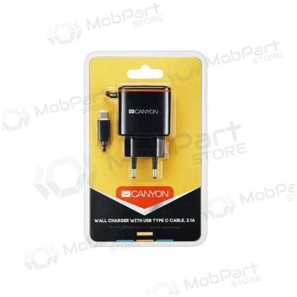 Lādētājs CANYON CNE-CHA042 + Type-C kabelis (1xUSB 5V 2.1A) (melns)
