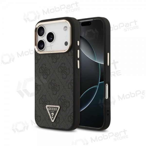 Apple iPhone 18 Pro Max maciņš - Guess PU Leather 4G Strass Triangle Logo Gold Frame MagSafe (melns)