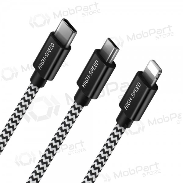 USB kabelis Dux Ducis K-ONE 3in1 microUSB-Lightning-Type-C FastCharging 1.2m