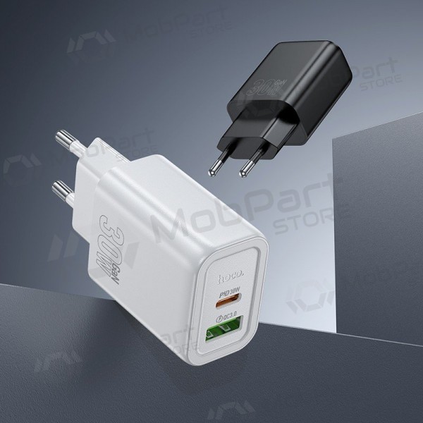 Tālruņa lādētājs Hoco N63 30 W GaN USB-C + USB-A ar Lightning kabeli 1 m balts