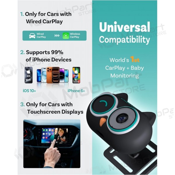 Bezvadu CarPlay adapteris Ottocast Cabin Care CA520-T ar mobilās aukles funkciju melns