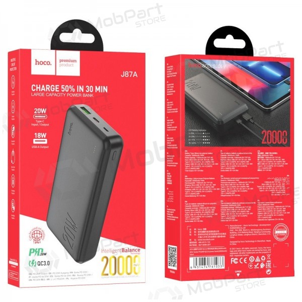 Ārējā baterija Power Bank Hoco J87A Type-C PD 20W+Quick Charge 3.0 20000mAh melns