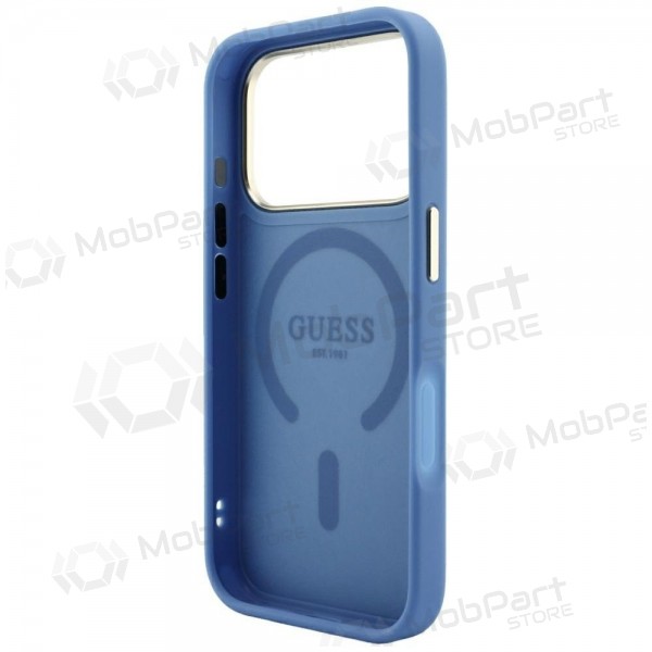 Apple iPhone 18 Pro maciņš - Guess PU Leather 4G Gold Frame Embossed MagSafe (zils)
