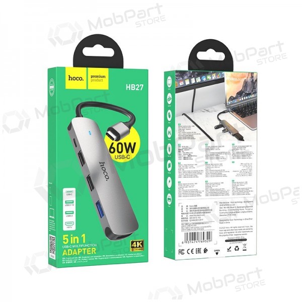 Adapteris Hoco HB27 Type-C Multi-Function Converter HDMI+USB3.0+USB2.0*2+PD pelēks