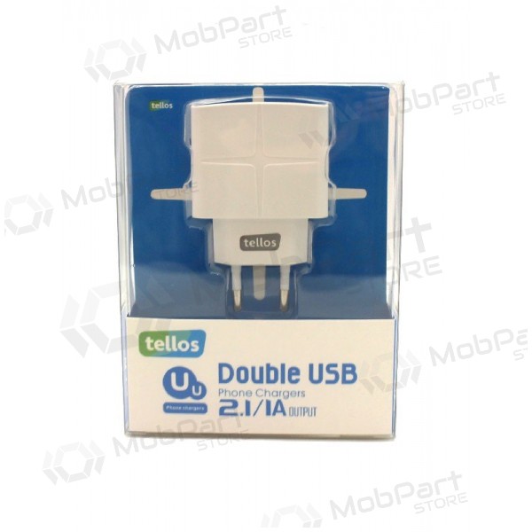 Lādētājs Tellos su USB (dual) (1A+2.1A) (balts)