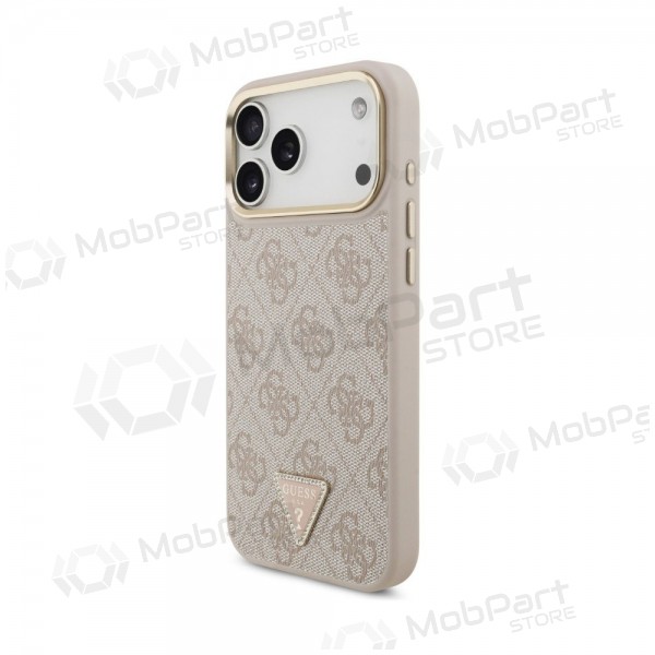 Apple iPhone 18 Pro maciņš - Guess PU Leather 4G Strass Triangle Logo Gold Frame MagSafe (rozā)