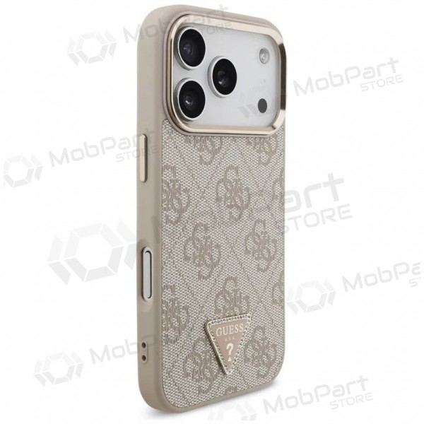 Apple iPhone 17 Pro maciņš - Guess PU Leather 4G Strass Triangle Logo Gold Frame MagSafe (rozā)